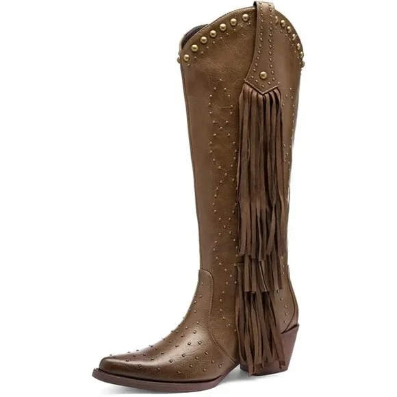 Women's Brown Fashion Pointed Toe Chunky Heel Rivet Pull-On Knee High Fringe - Picture 1 of 8